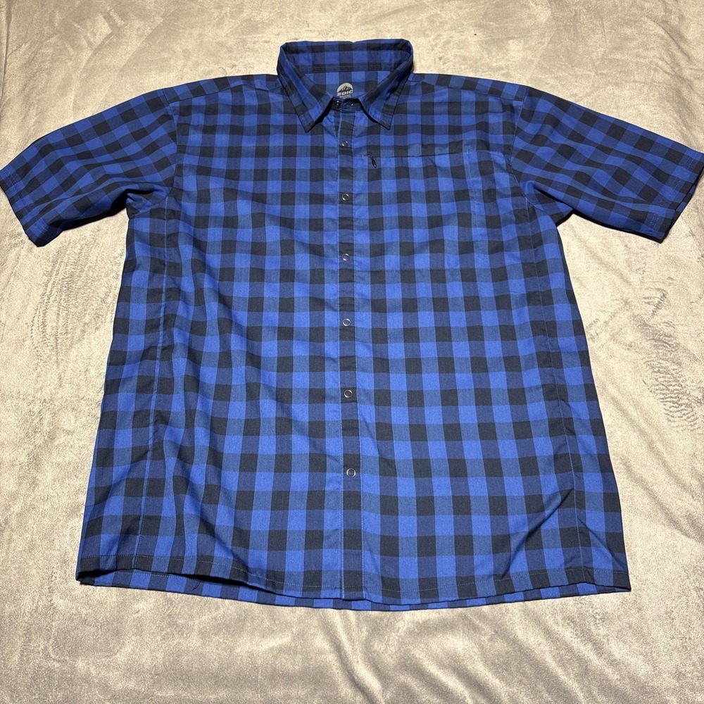 Zoic Mens XL Blue Black Plaid Short Sleeve Snap Button Front Shirt Wear